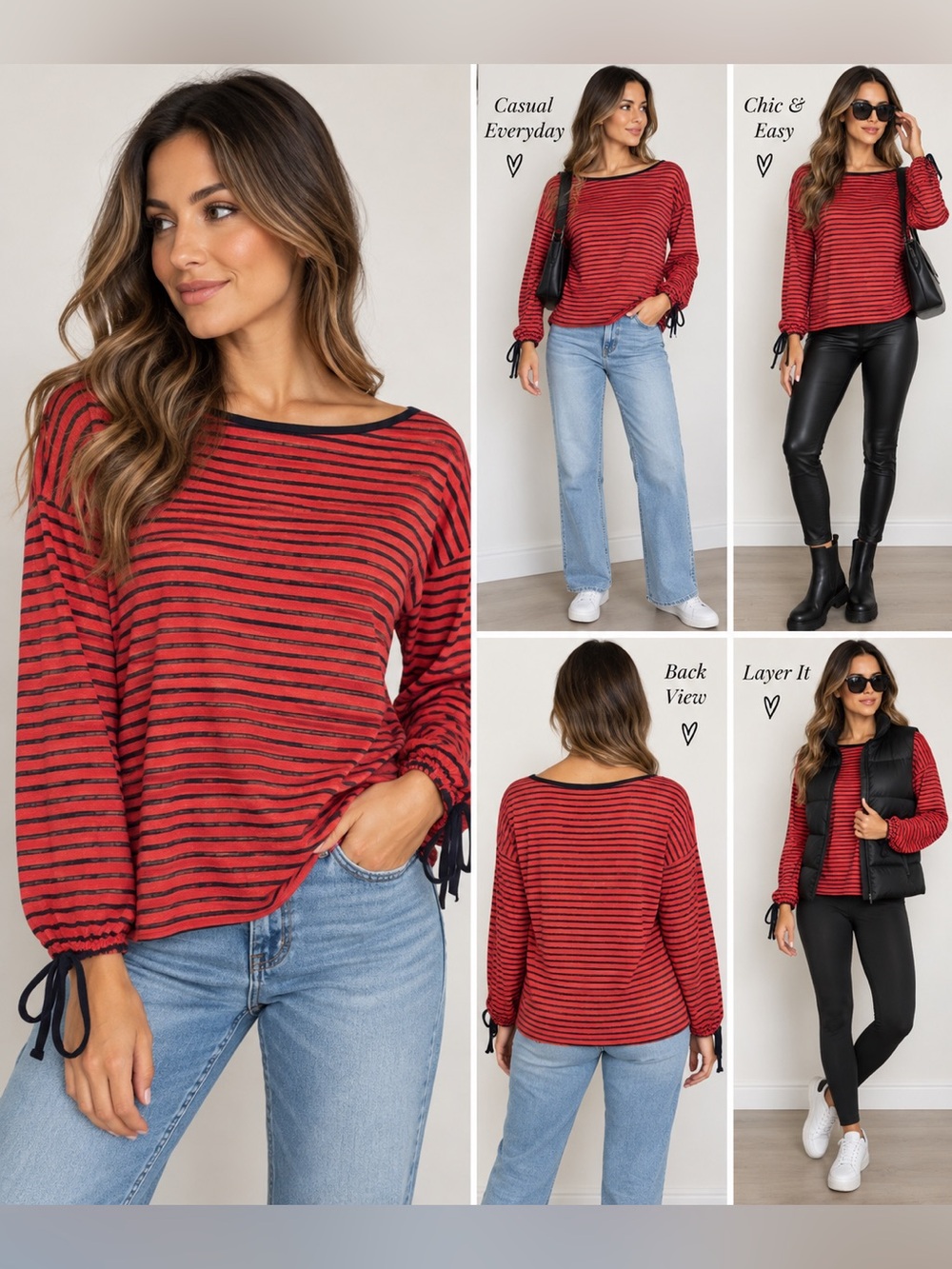 Talbots Red & Black Striped Tie-Sleeve Pullover